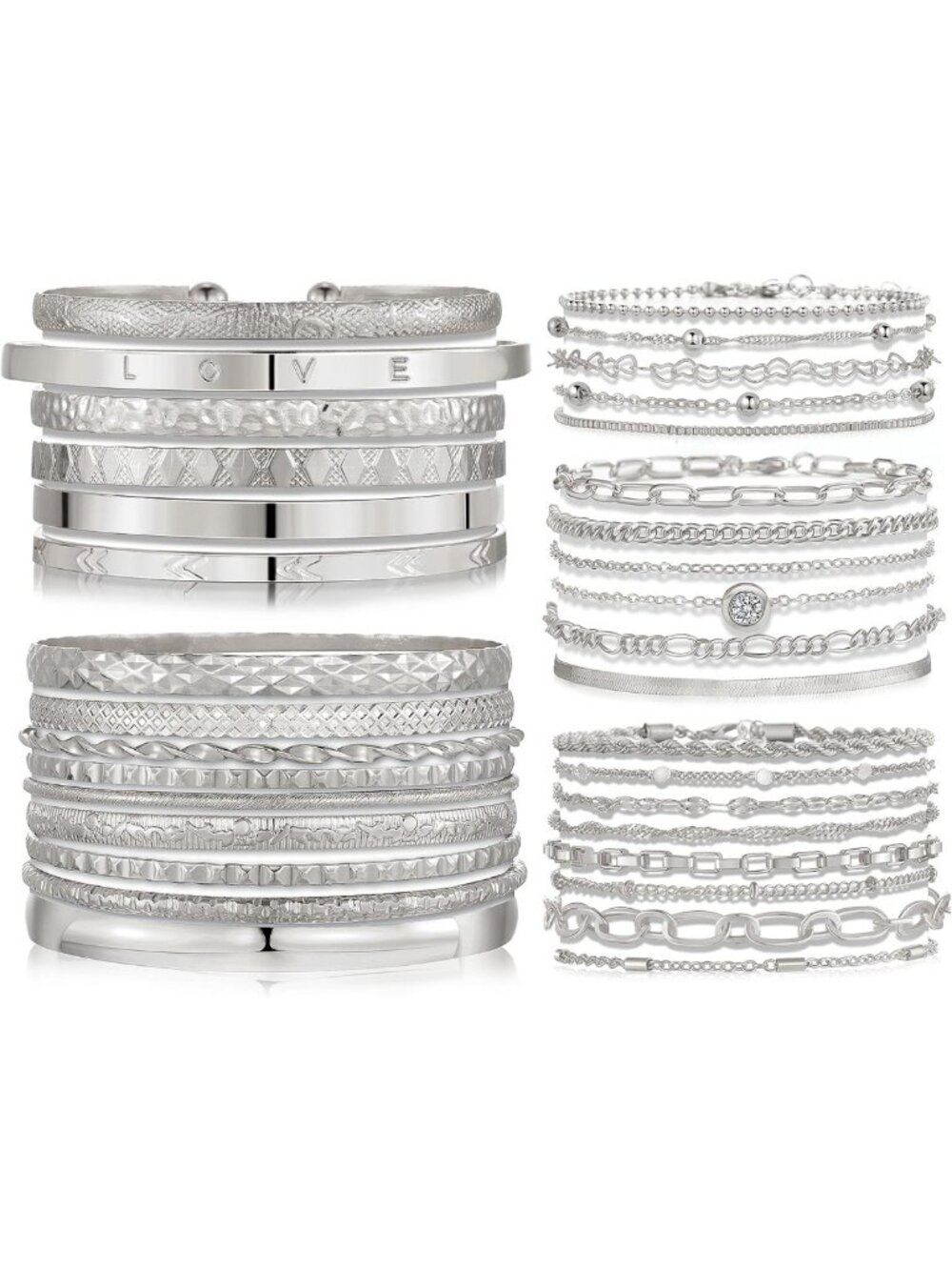 Trendy Silver Chain Bangles Set - 5 Pack Layered Stackable Cuff Bracelets for